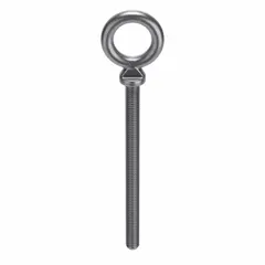 Steel machinery eye bolt with shoulder, plain finish. Thread size 3/8"-16, thread length 4 in, shank length 4 in. Used for lifting and rigging applications where a secure bearing surface is required. Nut not included. Made in USA.