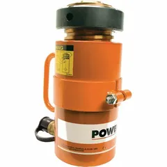 Single-acting hydraulic cylinder with 55 ton nominal capacity and 6 in nominal stroke length. Constructed from steel. Used for lifting, pressing, and positioning heavy loads in industrial maintenance, construction, and manufacturing applications.