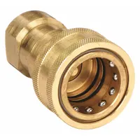 Brass ISO B Series hydraulic quick-connect coupling body with 3/4"-14 thread size. Rated for maximum flow rate of 106 lpm. Seal material is nitrile. Used for quick connection and disconnection of hydraulic lines in fluid power systems