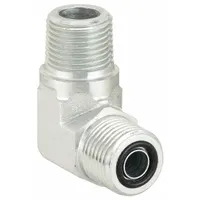 This rigid 90° elbow adapter connects ORS (O-Ring Seal) to NPTF (National Pipe Taper Fuel) threads. It is used in industrial fluid systems to change direction and seal high-pressure hydraulic lines, common in machining, material handling, and power transmission equipment
