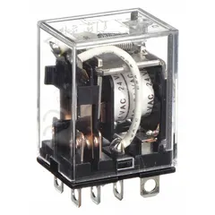 Socket-mounted relay with DPDT contacts, 24V AC coil, and 10A resistive load rating at 110V AC. Features a square base with 8 flat quick-connect terminals for plug-in mounting. Suitable for general switching in control panels, automation systems, and HVAC equipment.