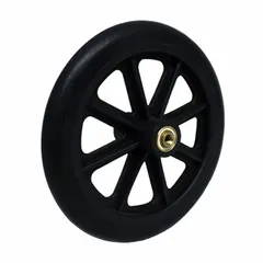 This ALCO front wheel is designed for use as a replacement wheel on wheelchairs. It has an overall width of 8 inches and includes bearings for smooth rotation. Compatible with ALCO brand equipment.