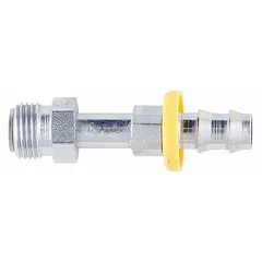 Steel barbed hydraulic hose fitting with a hose barb x inverted flare connection. Straight configuration, male x male ends. For -4 dash size hose (1/4 in I.D.). Used in fluid power systems for connecting hose to male inverted flare ports in hydraulic circuits.