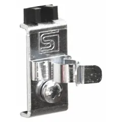 This steel spring clip toolholder features a zinc-plated silver finish and a screw-in locking system for surface mounting on square-hole pegboard. It includes a black holding clip and five hooks to secure tools such as hammers, wrenches, or screwdrivers. Suitable for workshops, garages, and industrial storage.