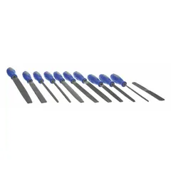 This 11-piece file set includes bastard cut and smooth cut files for metalworking, deburring, and shaping. A 6 in Three Square file is included. The set comes with a handle and a pouch for storage and portability.