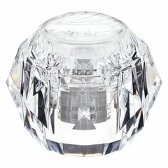 Plastic knob handle with clear finish for hot and cold water faucets. Includes button and set screw for installation. Compatible with Delta faucets.
