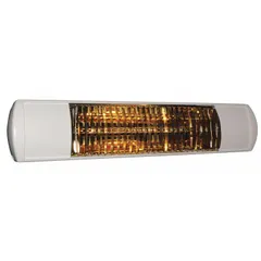 SOLAIRA SCOSYXL15120w is a 1500W quartz lamp infrared heater for indoor/outdoor suspended wall mounting. Hardwired 120V AC single-phase unit with 45° beam pattern. White aluminum housing, dimensions 22 x 6 x 5 inches. Suitable for spot or area heating in commercial or industrial spaces where forced-air heat is impractical.