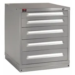 This steel modular drawer cabinet in gray features a frame base and five drawers with multiple access. It provides 104 compartments, with drawer inside heights of (3) 5-3/8 in and compartment counts per drawer of (3) 16, (1) 24, and (1) 32. Suitable for organizing small parts, tools, and components in industrial storage settings.