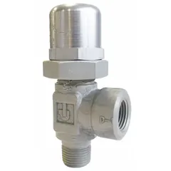 Hard-seat pressure control valve with stainless steel body and 1/2 in NPT connections. Maximum set pressure 850 psi. Used in hydraulic systems to limit or regulate pressure in industrial machinery, mobile equipment, and process lines.