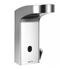 Battery-powered sensor faucet with chrome finish and metal construction. Features a 0.5 gpm flow rate and includes an in-line check valve with filters. Suitable for touch-free handwashing in commercial restrooms and public spaces.