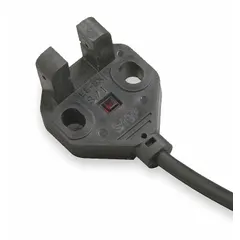 L-slot photoelectric sensor with NPN output and non-terminated cable. Operates on 5-24V DC supply voltage. Used for object presence or position detection in industrial automation, packaging, and material handling equipment.