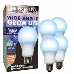 A19-shaped LED grow bulb with full/broad spectrum for seed starting. Operates on 120V and provides 150W incandescent watt equivalency. Suitable for indoor gardening, greenhouses, and propagation setups to support early plant growth.