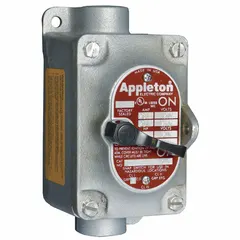 This enclosed manual motor switch is designed for hazardous locations requiring factory-sealed enclosures. It features 3 poles, a 30 A rating, and a 0.5 in hub diameter with feed-through wiring. Suitable for controlling motors in environments where flammable gases or dusts may be present.