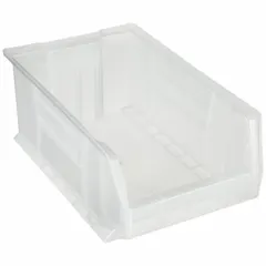 This stationary plastic hopper bin is designed for organized storage and retrieval of small parts and components in industrial environments. The clear construction allows visual identification of contents, and the stacking-capable design enables efficient use of vertical space.