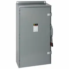 This SQUARE D fusible safety switch is rated for 600 A, three-phase, 240V AC. The galvanized steel enclosure allows for indoor or outdoor installation. It is used to safely disconnect electrical power for maintenance or emergency shutdown in industrial and commercial settings.