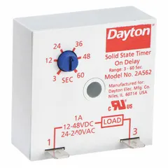 Surface-mounted timing relay for industrial control applications. Encapsulated design protects against environmental contaminants. Operates on 12 to 48V DC or 24 to 240V AC input voltage. Suitable for timing functions in automation systems, conveyors, and packaging equipment.