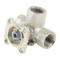 3-way characterized control valve body with stainless steel ball and brass body for water media. Features 1/2 in female NPT connections, CV flow of 0.8, bypass CV flow of 0.8, and close-off rating of 200 psi. Used in HVAC systems for mixing or diverting flow.