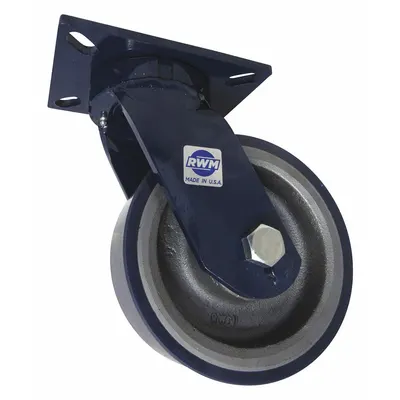 RWM Plate Caster: Swivel, Polyurethane, 8 in Wheel Dia, 3 in Wheel Wd, 10 1/2 in Mounting Ht - Heavy-Duty General-Purpose Kingpinless Plate Casters