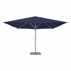 Rectangular umbrella with aluminum pole and hand-crank opening mechanism. Marine blue canopy. Overall height 145 1/8 in. Includes base. No lights. Suitable for providing shade on patios, decks, or terraces.