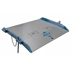 Steel dock board with diamond treadplate surface for bridging gaps between loading docks and trucks or railcars. Overall length 72 in, width 84 in. Suitable for heavy-duty forklift and pallet jack access in warehouse and distribution settings.