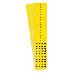 Yellow adhesive pipe marker with black legend text reading 'Oil' and directional arrows. Designed for pipes with an outside diameter of 3/4 inch and smaller. Each pack contains 5 markers, with 3 pipe markers per pack. Used to identify oil-carrying pipes in industrial facilities for safety and compliance.