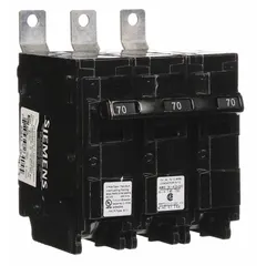 Three-pole miniature circuit breaker rated 70 A at 240V AC, designed for bolt-on mounting in Siemens P1 panelboards. Provides overcurrent protection in electrical distribution systems with a maximum interrupting rating of 22kA at 240V AC. Standard type breaker from the BL Series.