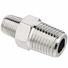 This nickel-plated threaded pipe fitting is a straight hex nipple with a 3/8 in x 1/8 in size. It is rated Class 1000 with a maximum operating pressure of 1,000 psi. Suitable for connecting pipes in industrial fluid or gas systems requiring high-pressure ratings.