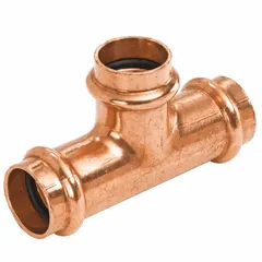 Copper press tee fitting with 3 in CTS x 1 1/2 in CTS x 3 in CTS size, featuring an EPDM O-Ring. Used in plumbing systems to branch or combine copper tubing lines for potable water, hydronic heating, and other piping applications.