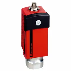 The TELEMECANIQUE SENSORS XCSD3710N12 is a lever- and roller-actuated safety interlock switch from the XCSD Series. It features a plunger actuator, a 1NC/1NC/1NO contact form, and a 1/2 in NPT conduit terminal connection. This switch is used to monitor the position of movable guards on industrial machinery, providing redundant safety signals to prevent machine operation when guards are open.