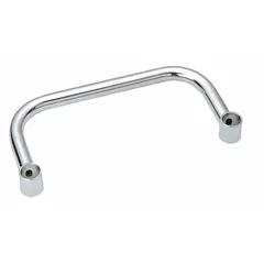 This push handle is designed for use with wire shelving systems. It provides a grip point for maneuvering loaded shelving units in storage and material handling applications. Constructed of steel with a chrome finish, the handle measures 30 inches by 7 inches by 1.5 inches.