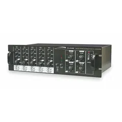 The SPECO TECHNOLOGIES PL200M is a 4-channel audio amplifier with terminal output, supporting 25V/70V, 15V/230V, and 8 ohm impedance. It features (3) combination XLR/1/4 in inputs with selectable phantom power and includes a power supply. Suitable for commercial sound systems, paging, and background music applications.