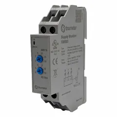 DIN-rail mounted relay for monitoring undervoltage conditions in electrical systems. Pick-up range 183-528V AC, drop-out range 5-15%. Contact rating 5 A at 240V AC resistive and 5 A at 30V DC. 6 terminals.