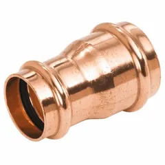 This NIBCO Press System straight coupling is a copper or bronze press-fit tube fitting. It joins two copper or bronze tubes of different sizes, connecting a 2 1/2 in CTS line to a 1 1/4 in CTS line. The press-fit connections allow for rapid assembly without soldering, suitable for plumbing systems.