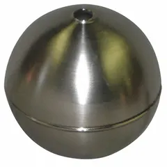 Cylindrical stainless steel float with a 1/2 in through-tube and 1/2 in thread size. Designed to slide along a guide rod for liquid level sensing and control in tanks and vessels. Suitable for water treatment, chemical processing, and fluid handling applications.