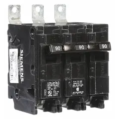 The Siemens B390 is a 90 A, 240V AC, 3-pole miniature circuit breaker from the BL Series. Designed for bolt-on installation in Siemens P1 Panelboards, it provides overcurrent protection for three-phase electrical systems. Rated for 10kA at 240V AC, it is suitable for commercial and industrial applications.