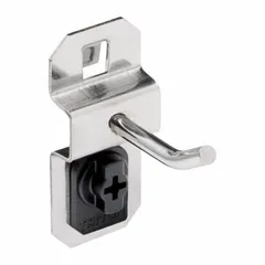 This surface-mount hook is designed for organizing brushes on square-hole pegboard. It features a 30-degree single hook with a 1 in depth, made of brushed stainless steel in silver. Includes ABS retainers for secure locking. Suitable for workshops, garages, and retail displays.