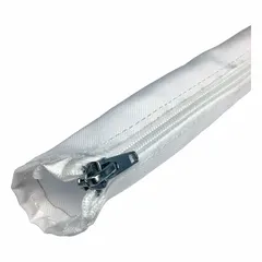 Non-expandable polyester sleeving with zipper closure for bundling and protecting wires. 3/4 in inside diameter, 5 ft length, white color. Rated for -40°C to 230°C. Suitable for organizing cables in control panels, machinery, and automation systems.