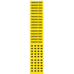 Yellow adhesive pipe marker with black legend text reading 'Condensate Drain'. Fits pipe outer diameters of 3/4 inch and smaller. Pack of 3 markers without arrows. Used to identify condensate drain lines in industrial piping systems.