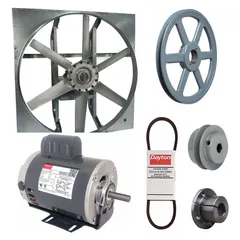 Unassembled belt-drive panel exhaust fan with a 36-inch blade, 3/4 hp motor, and 14,345 cfm airflow. Operates on 115/230V AC, single-phase, with an open dripproof motor enclosure and Class B insulation. Frame is zinc-plated steel with cast construction. Suitable for high-volume air movement in industrial and commercial spaces such as factories and warehouses.