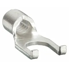 Non-insulated fork terminal with a flanged fork design for #10 studs. Accepts 12 AWG to 10 AWG wire. Rated 600 V. Suitable for terminating wires in control panels, machinery, and power distribution systems.