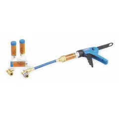 This 6-piece UV leak detection kit is designed for use with R-134a systems. It includes an R134a hose with R12 adapter and four 3/4 oz twist-on cartridges of universal A/C dye. The dye is injected into the system and glows under UV light to pinpoint leaks in hoses, fittings, and components.