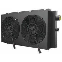 DC motor driven forced air oil cooler for hydraulic and lubrication oil systems. Removes 66 hp of heat. Operates on 24V DC, handles maximum flow of 80 gpm and maximum pressure of 250 psi. Features IP 68 rating and SAE #20 connections.