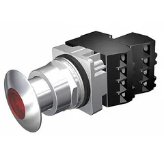 This maintained-action illuminated mushroom-head push button from the Siemens Class 52 series features a 30 mm metallic profile with 2NC contacts. It is designed for industrial control applications where a large, tactile operator interface is required for initiating or stopping equipment, with illumination for status indication. Pressure plate terminal connections facilitate wiring.