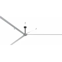Industrial HVLS ceiling fan with 24 ft blade diameter for high-volume, low-speed air circulation in large spaces. Operates on 480V AC three-phase power at 3 A, with three speed settings. Suitable for warehouses, distribution centers, and manufacturing facilities with high ceilings.