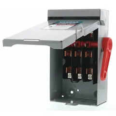 The Siemens GF221NA is a 30 A, single-phase fusible safety switch rated for 240V AC. Housed in a galvanized steel enclosure for indoor use, it provides a manual disconnect and overcurrent protection for electrical circuits. Typical applications include industrial equipment, lighting, and motor loads in commercial and industrial facilities.
