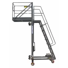 This BALLYMORE cantilever ladder is designed for tank-top access and industrial maintenance tasks. It features a steel frame with a gray finish and serrated surfaces for slip resistance. The unit is unassembled and includes locking casters for mobility and stability at the 15.7 ft platform height.