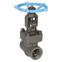 This SHARPE gate valve features a forged steel body and bonnet with a rising stem and solid wedge made of 410 stainless steel. It has FNPT x FNPT connections and a wheel operator, rated for 1,975 psi CWP. Suitable for on/off control in high-pressure piping systems in petroleum and gas applications.