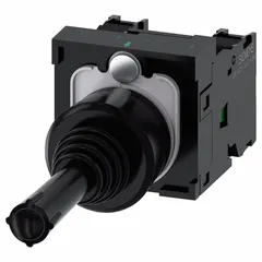 This joystick operator from the Siemens 3SU1 series features a plastic bezel, 1 normally open (1NO) contact, momentary switch action, and 2 positions with center off. It is used for manual control in industrial machinery, conveyor systems, and panel applications, providing directional commands such as left/right or forward/backward.