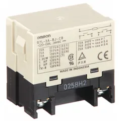 Bracket-mounted enclosed power relay from the OMRON G7L Series. Features DPST-NO contact configuration, 24V DC coil, and 30 A current rating. Screw terminal connections and square base with E-bracket mounting style (bracket sold separately). Suitable for switching high-current loads in industrial control panels, HVAC systems, and automation equipment.