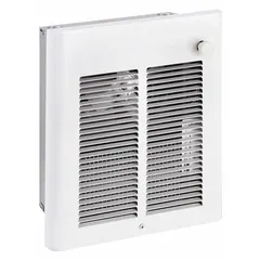 This compact recessed electric wall heater provides supplemental heating for residential or light-commercial spaces. It operates on 120V AC, single-phase power with selectable wattage output of 750 W or 1500 W. The unit is non-programmable and features a white grille. Rough-in dimensions are 11-1/4 in x 9-1/4 in x 3-3/4 in.